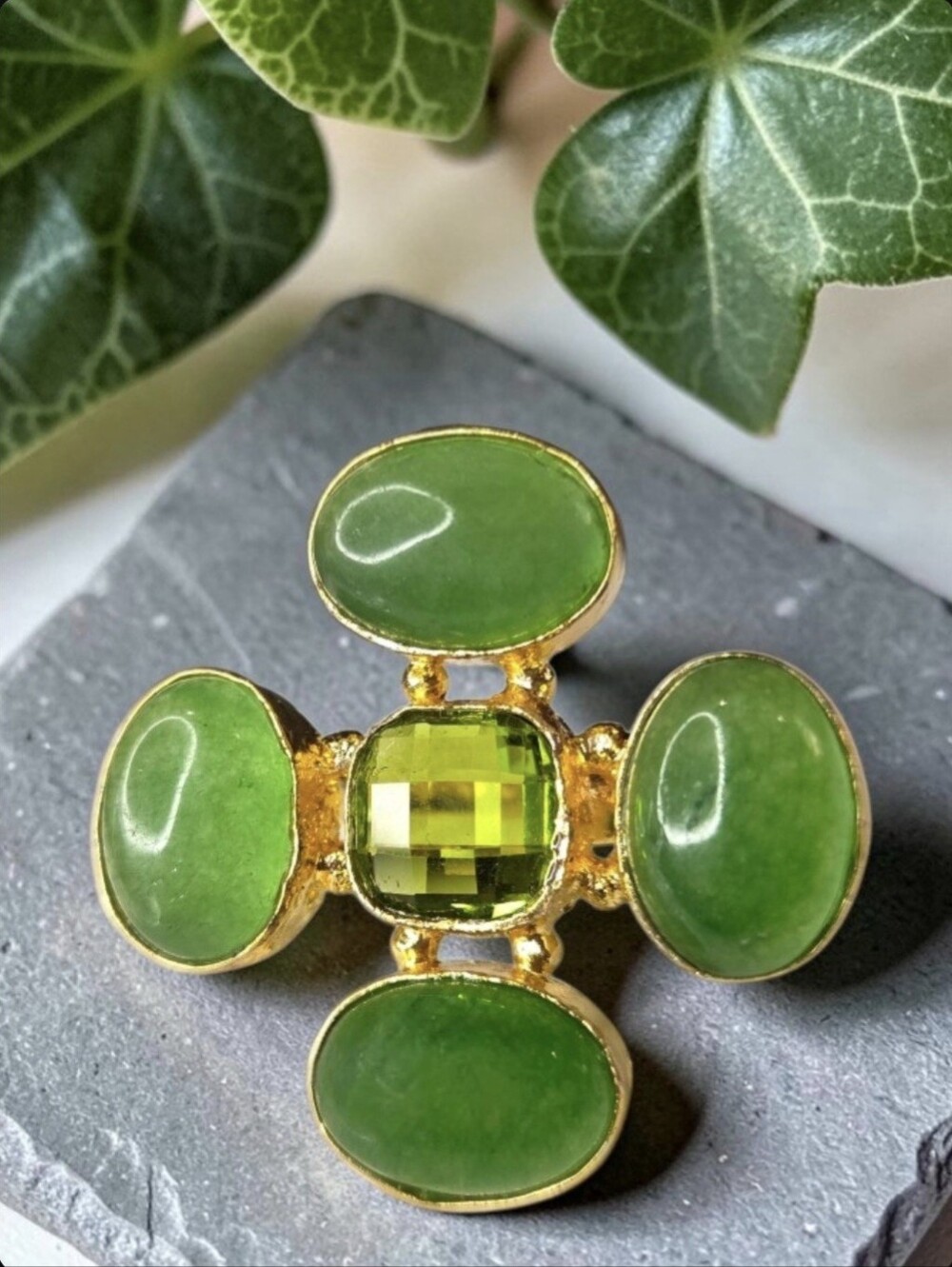 18k Gold Plated Artisan Maltese Cross Genuine Jade Peridot Crystal Cocktail Ring